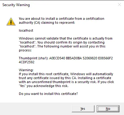 Prompt to trust the local .NET development HTTPS certificate